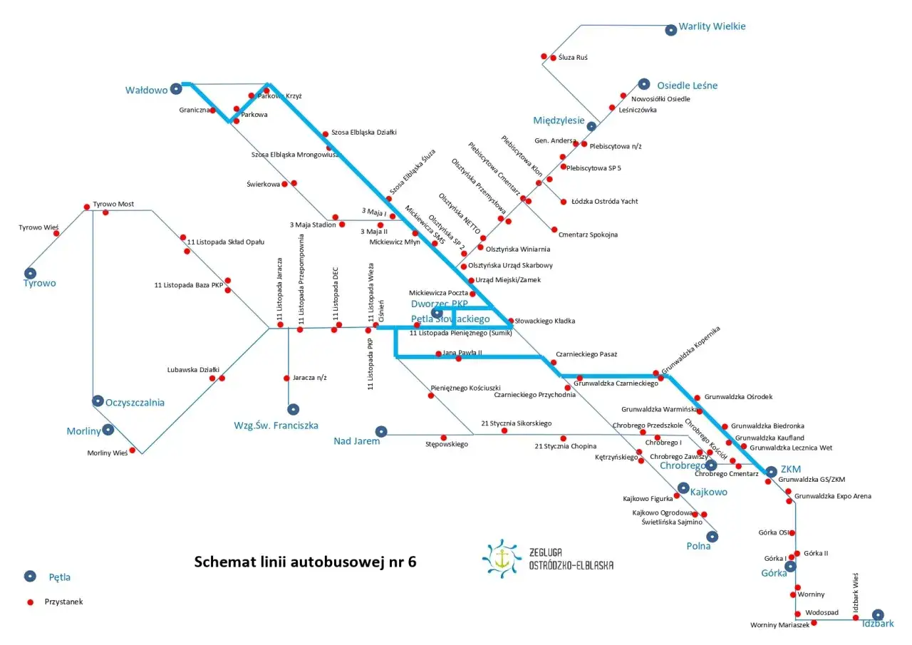 Schemat linii autobusowej nr 6 Żeglugi Ostródzko-Elbląskiej. Mapa pokazuje trasy i przystanki, m.in. w Ostródzie, Elblągu i okolicach.