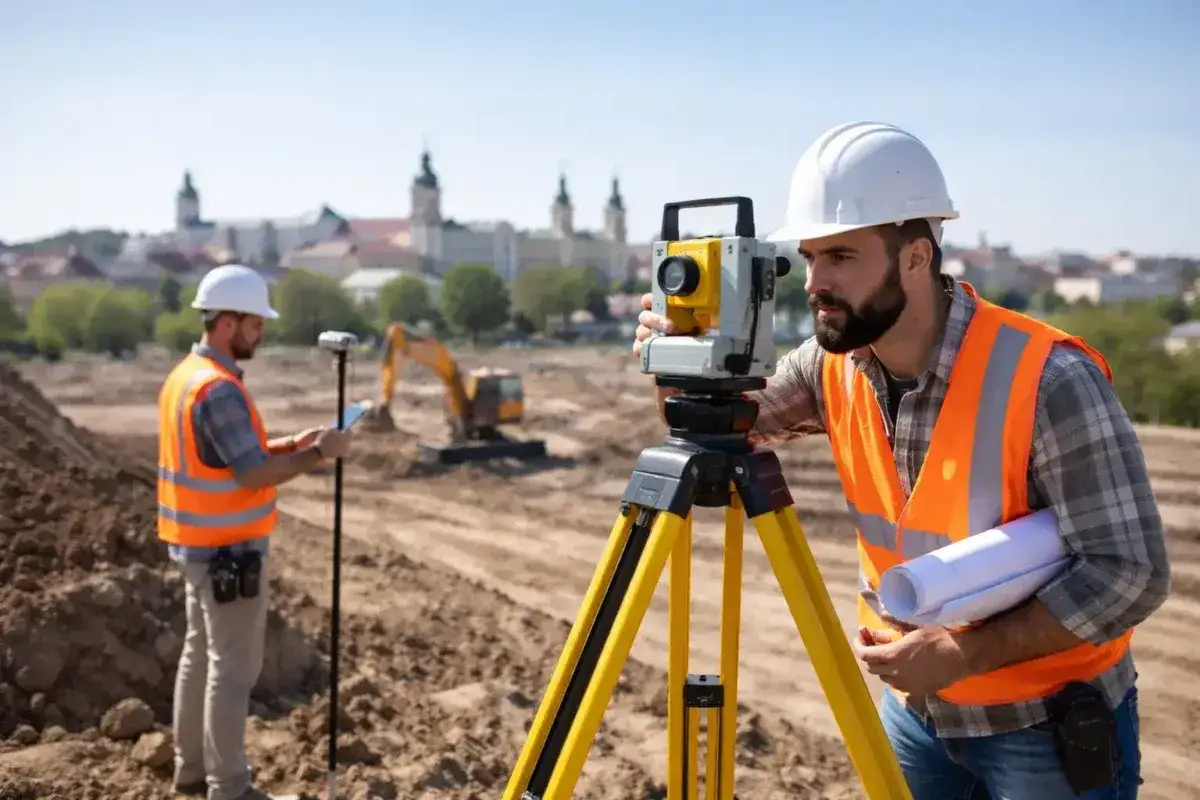 Geodeci pracują na budowie, jeden z nich obsługuje tachimetr, drugi sprawdza dane na tablecie. Zastanawiasz się, ile bierze geodeta za wytyczenie działki?