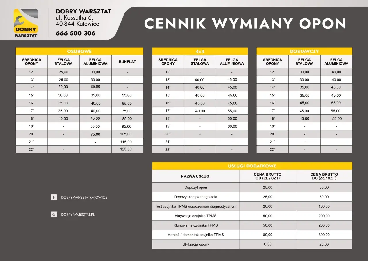 Cennik wymiany opon: tabele z cenami montażu opon osobowych, 4x4 i dostawczych, oraz usługi dodatkowe.
