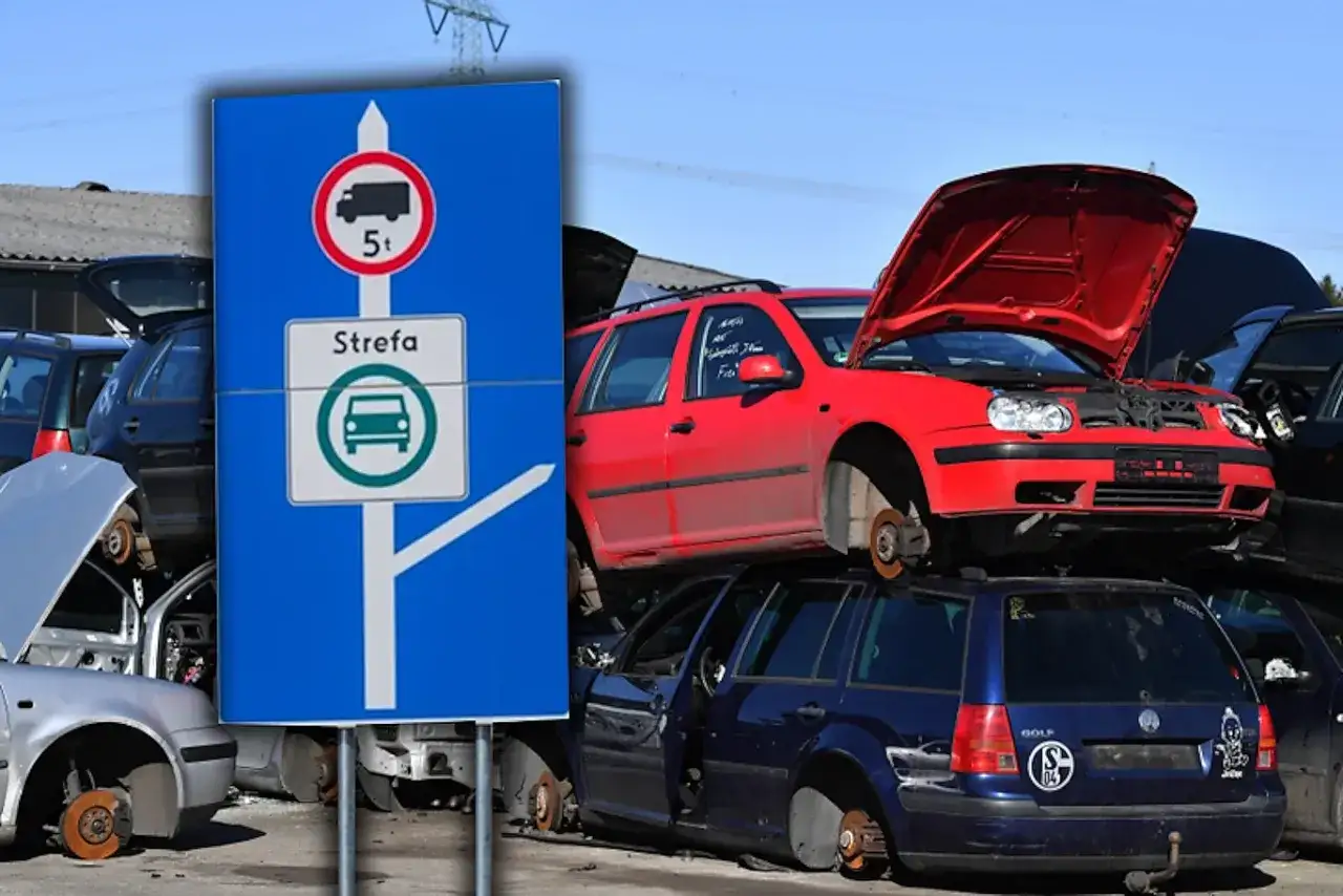 Znak strefy czystego transportu i złomowisko samochodów. Czy to zapowiedź wycofania diesla w Polsce?