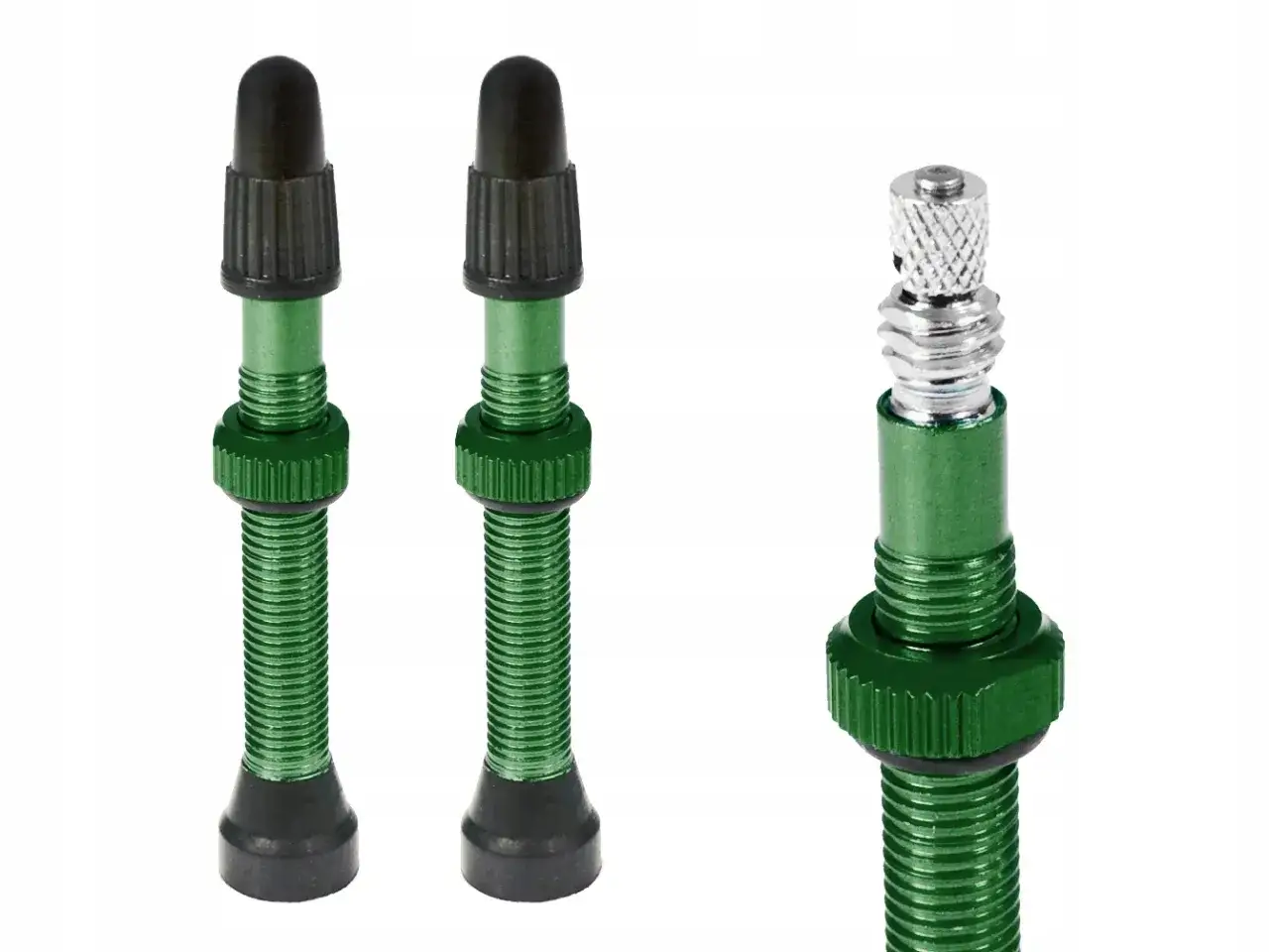 Zielone wentyle Schradera, gotowe do pompowania.