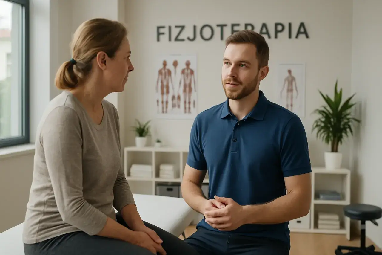 Fizjoterapeuta w gabinecie rozmawia z pacjentką.