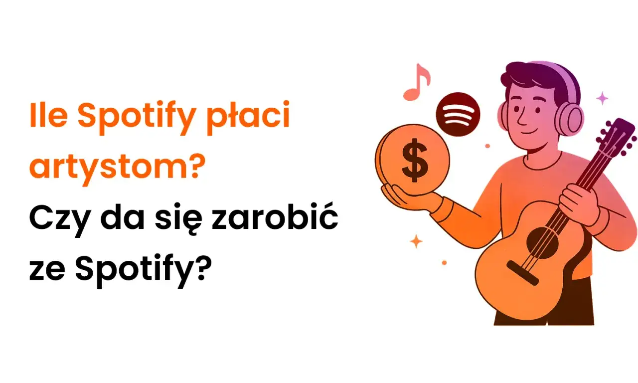 Ilustracja artysty z gitarą, monetą z dolarem i logo Spotify.