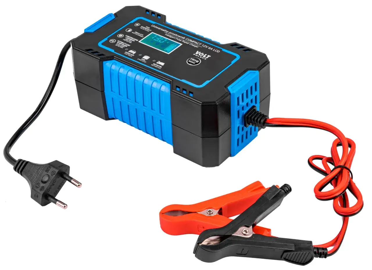 Inteligentny prostownik samochodowy z wyświetlaczem LCD i zaciskami.