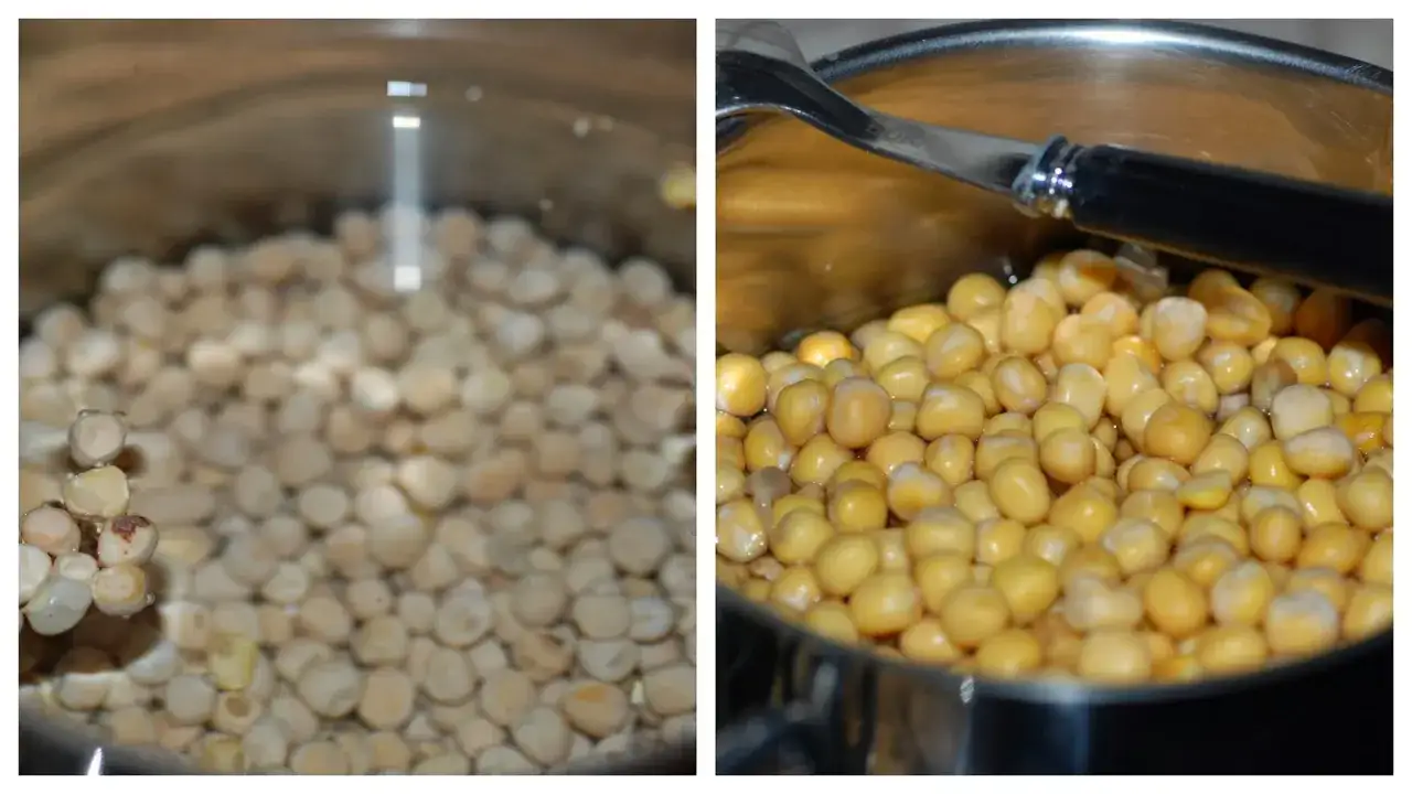 Namoczone i ugotowane ziarna grochu w garnku. Idealne, by dowiedzieć się, jak przygotować groch na ryby.