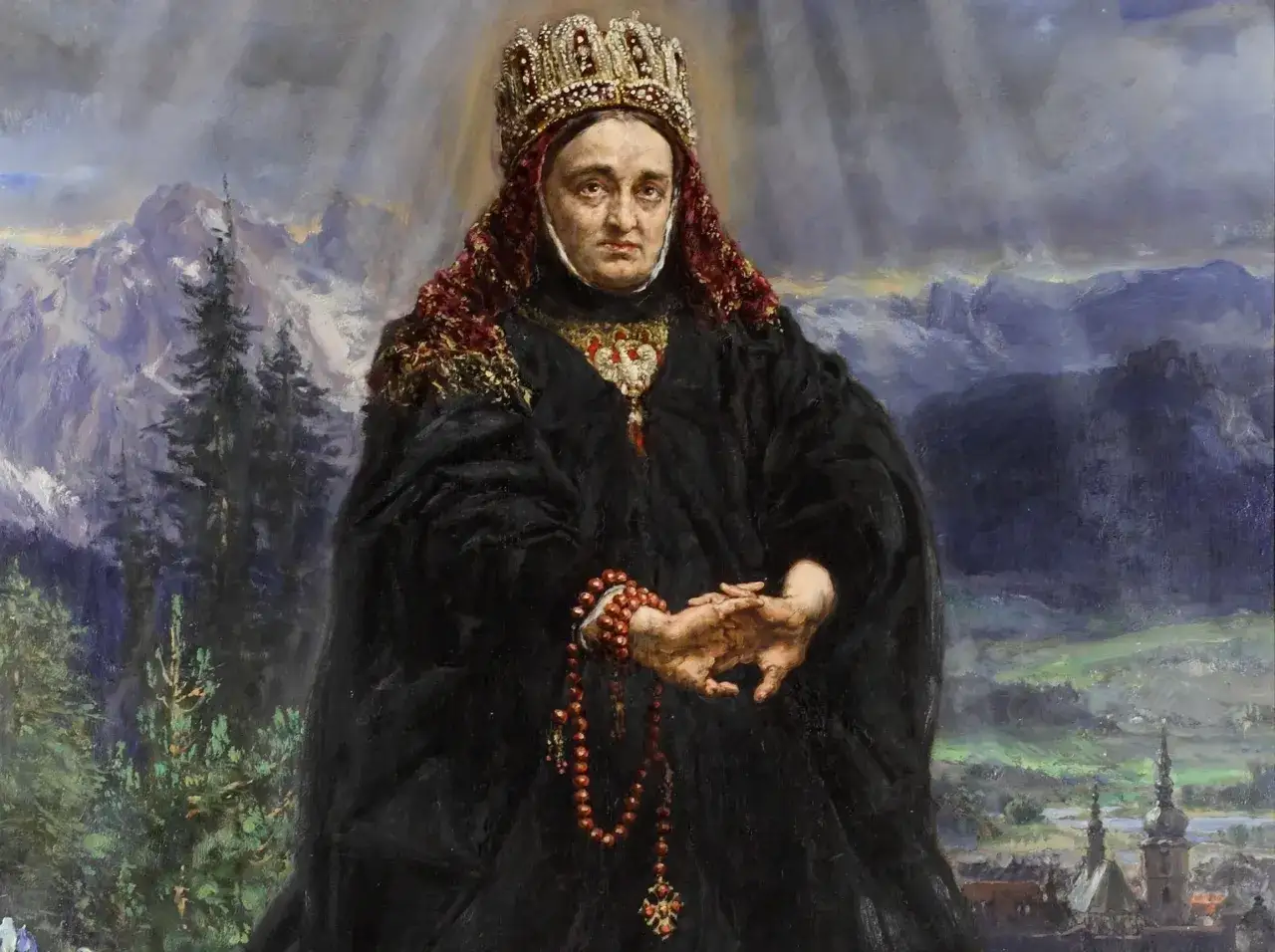 Portret królowej w koronie i czarnej szacie, z różańcem w dłoniach. Tło to góry i miasto. To streszczenie legendy o świętej Kindze.