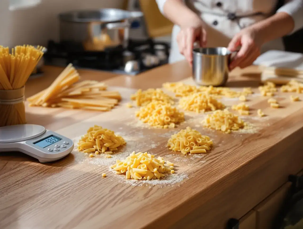 Waga pokazuje 93.5g. Ile gram suchego makaronu na osobę? Na blacie leżą porcje makaronu i spaghetti.