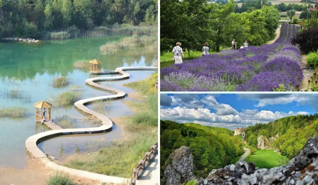 Romantyczne miejsca okolice Krakowa: malownicze jezioro z kładką, pole lawendy i dolina z zamkiem.