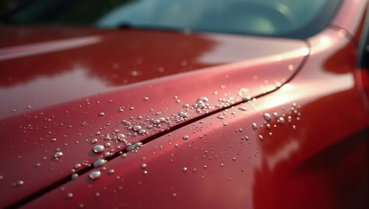 Krople wody na lśniącym, czerwonym lakierze samochodu.