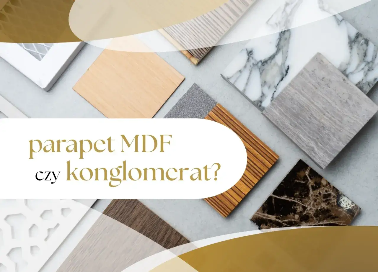 Próbki parapetów z MDF i konglomeratu o różnych wzorach i kolorach.