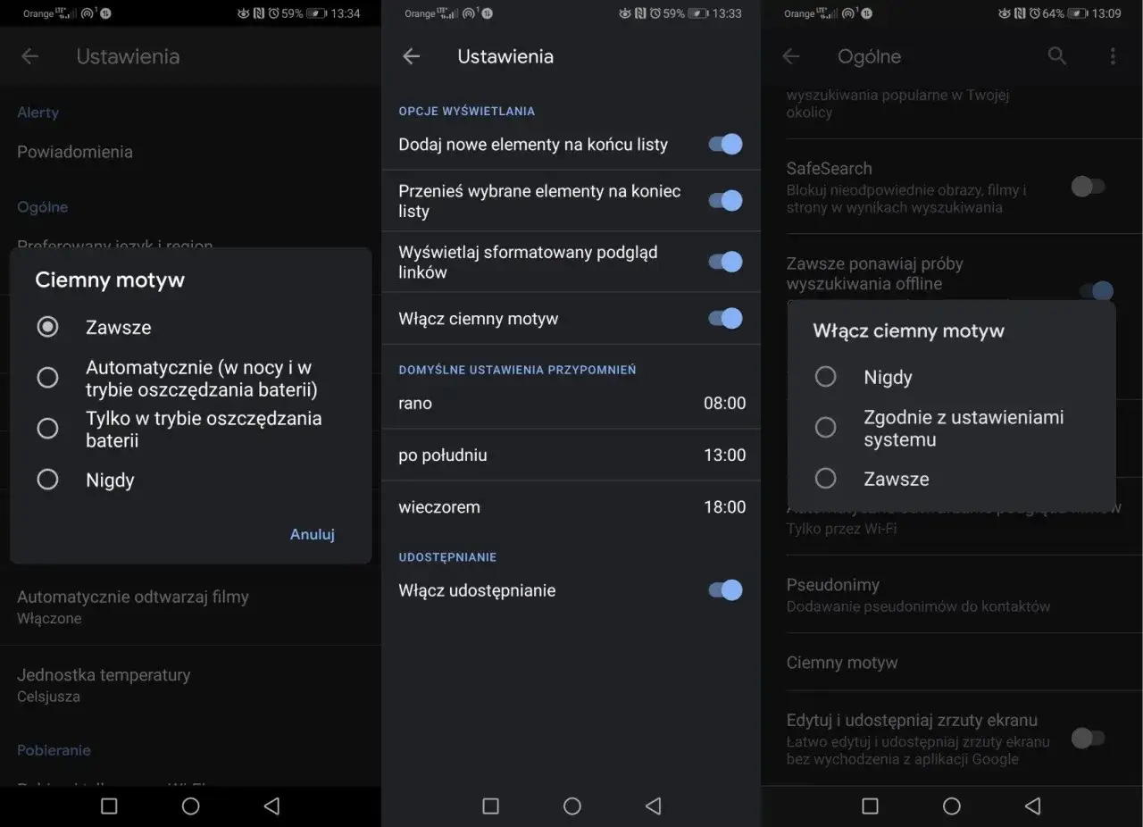 Ustawienia telefonu z włączonym ciemnym motywem Google. Wybór opcji: Zawsze, Automatycznie, Tylko w trybie oszczędzania baterii lub Nigdy.