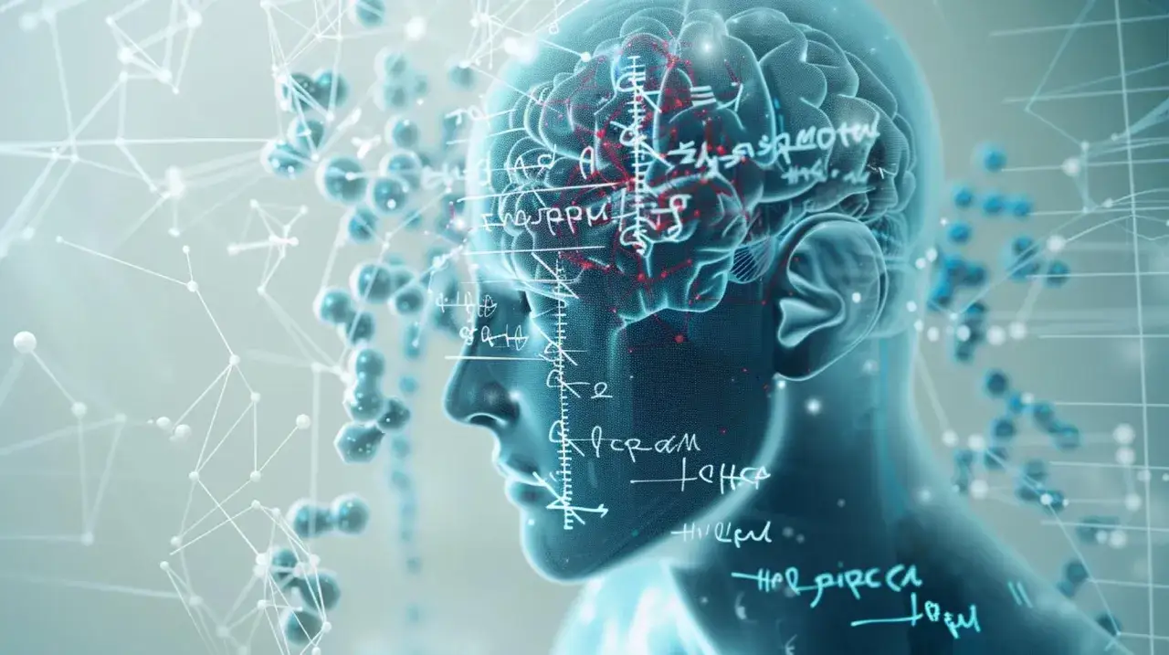 Schemat mózgu z zapisanymi wzorami i cząsteczkami, sugerujący złożoność procesów, jak dopamina co to.