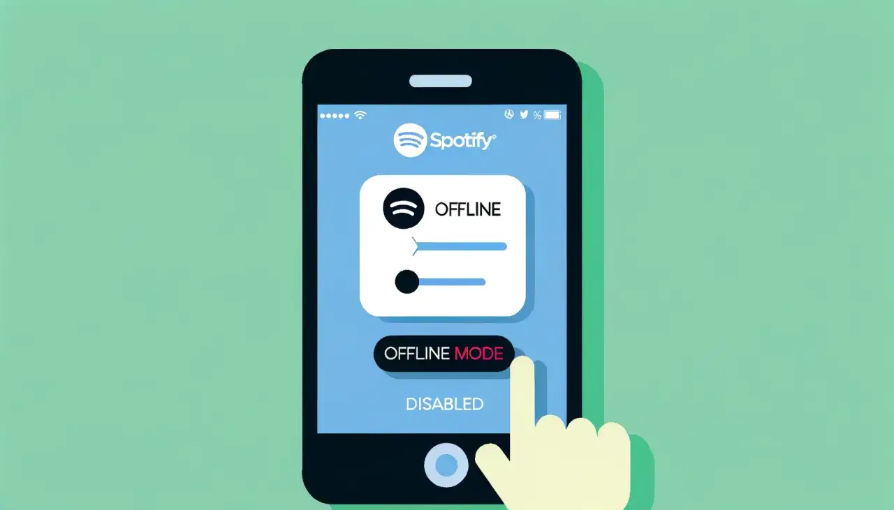 Dłoń dotyka przycisku "OFFLINE MODE" na ekranie telefonu z aplikacją Spotify w trybie offline.