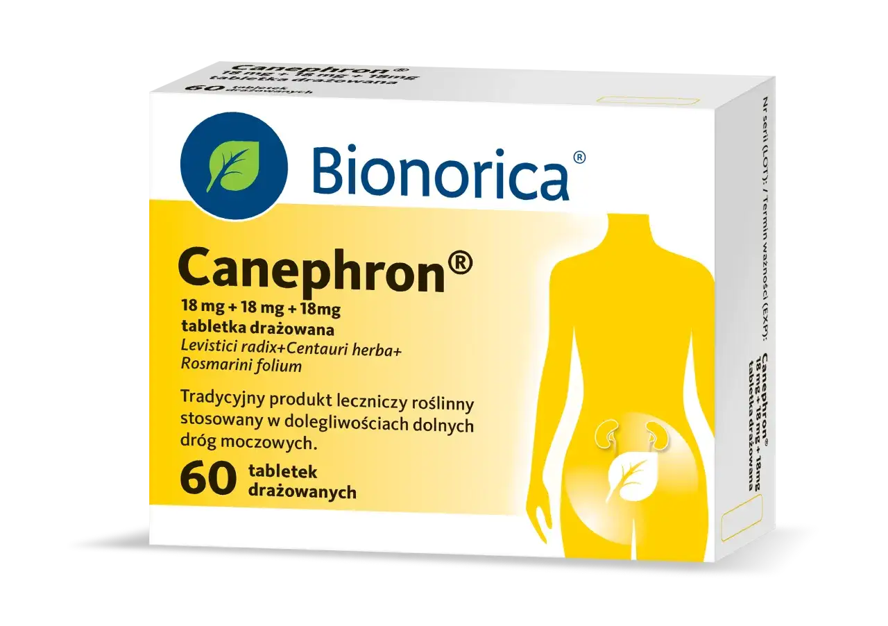 Opakowanie leku Canephron z grafiką przedstawiającą sylwetkę kobiety z nerkami i liściem.