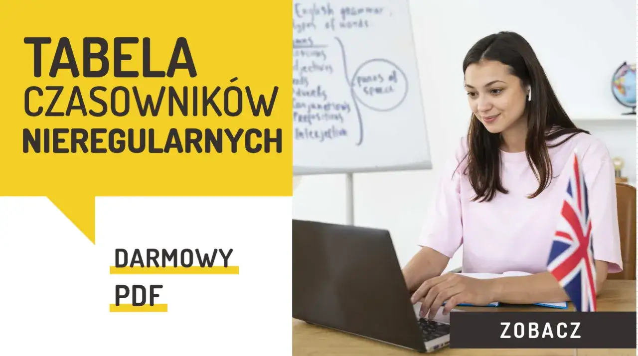 Tabela czasowników nieregularnych, darmowy PDF. Młoda kobieta uczy się angielskiego przy laptopie. Zobacz!
