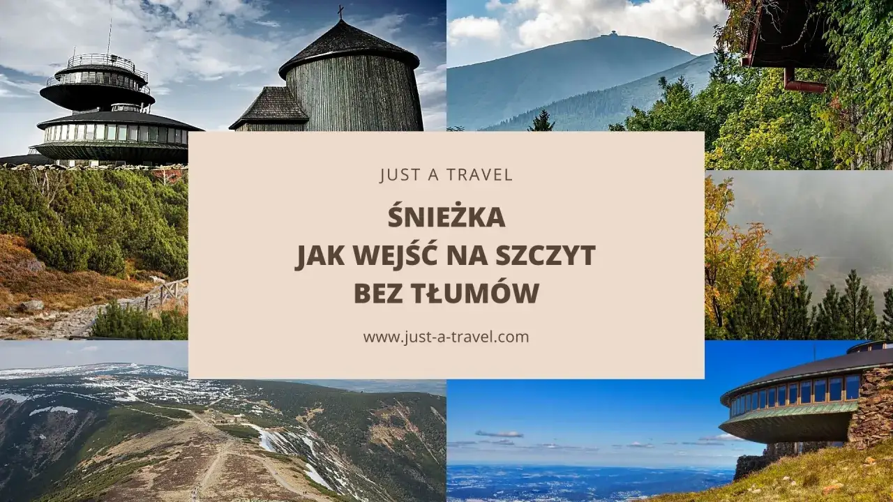 Widoki z szlaku na Śnieżkę: obserwatorium, drewniana wieża, góry, jesienne drzewa i panorama z lotu ptaka.
