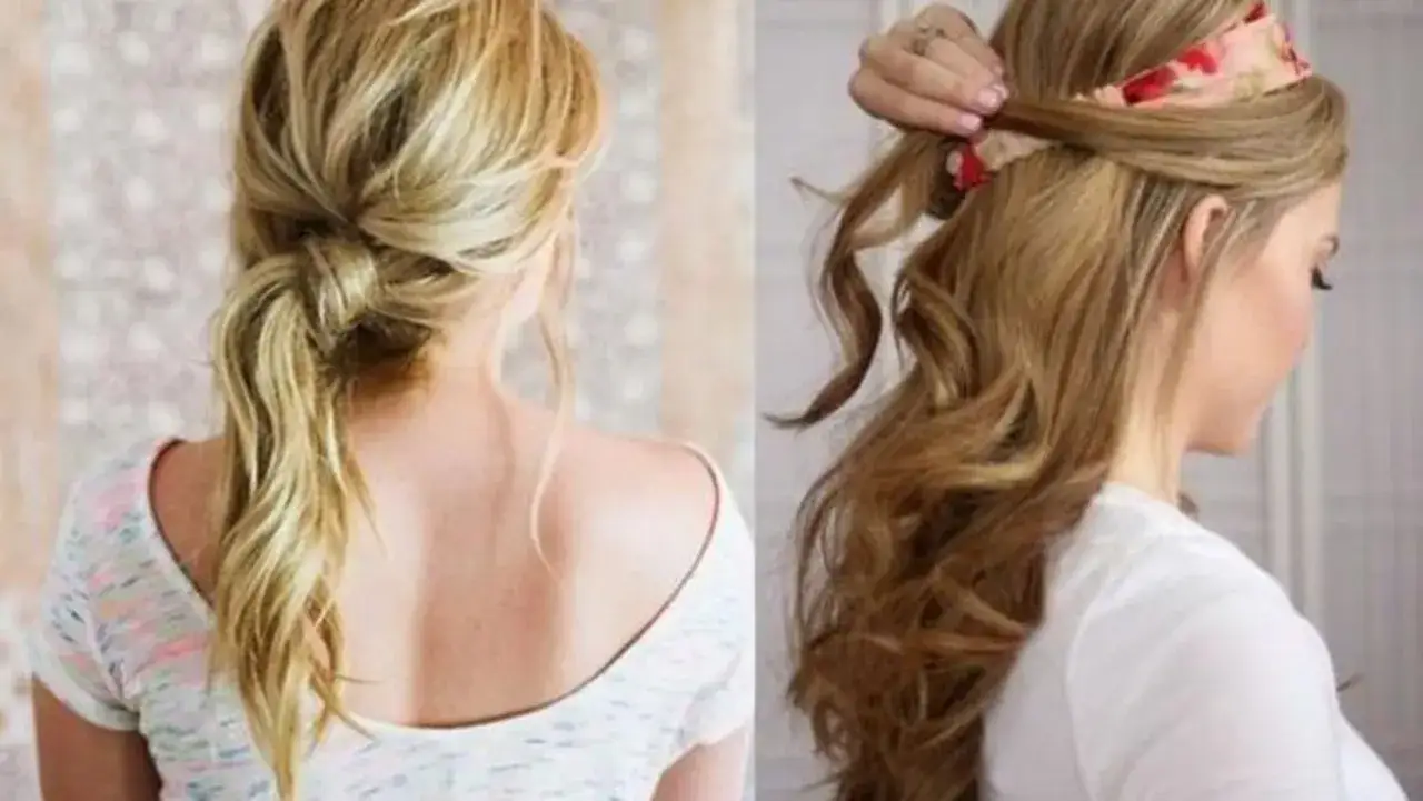 Jak zrobić ładną fryzurę: luźny kok z tyłu głowy i rozpuszczone loki z opaską.