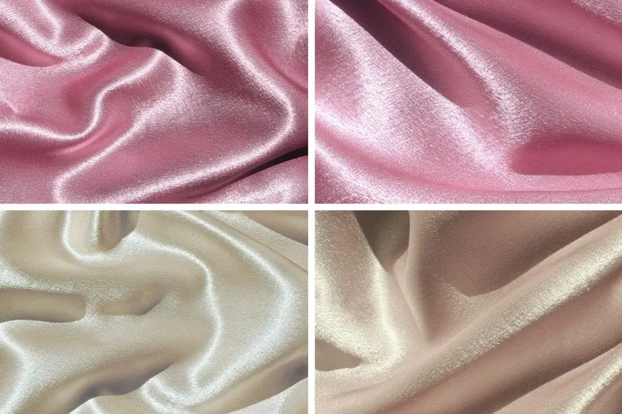 Różowy i beżowy typ jedwabiu, pofałdowany, z połyskiem.