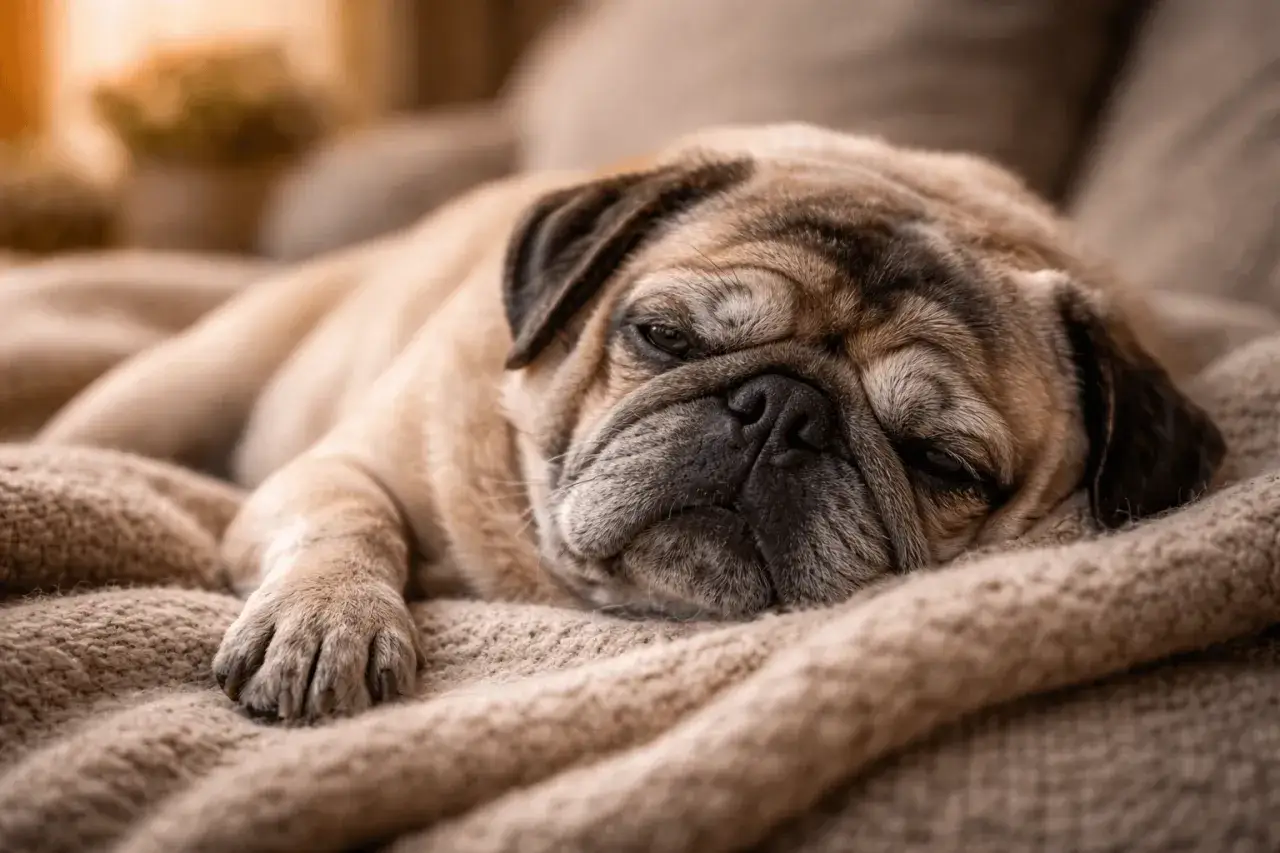 Smutny mops, jak umiera pies chory na serce, odpoczywa na ciepłym kocu.