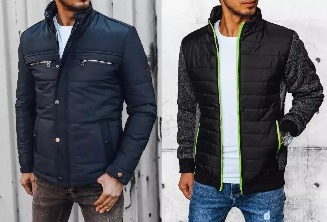 Dwóch mężczyzn w kurtkach: granatowej pikowanej i czarnej z szarymi rękawami.