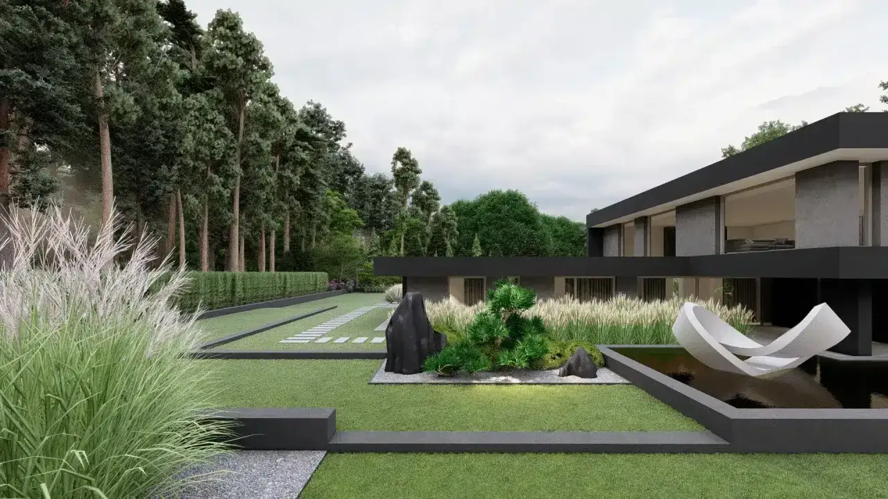 Nowoczesny ogród z trawami, kamieniami i rzeźbą w stawie. Dom o minimalistycznej architekturze otoczony zielenią.