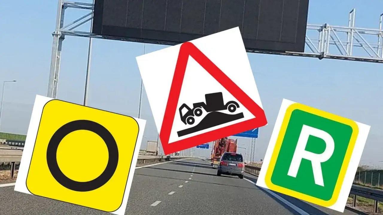Oznaczenie drogi ekspresowej z trzema znakami: zakaz, nierówność drogi i parking.