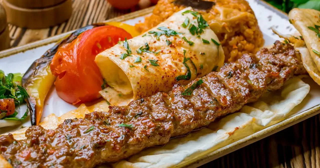 Kebab na talerzu z warzywami i plackiem.