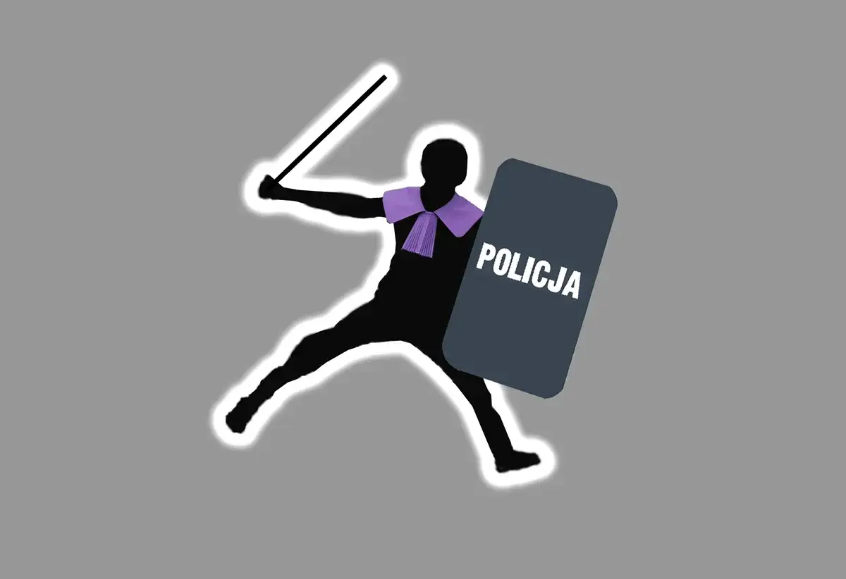 Sylwetka policjanta z tarczą i pałką, na szarym tle.