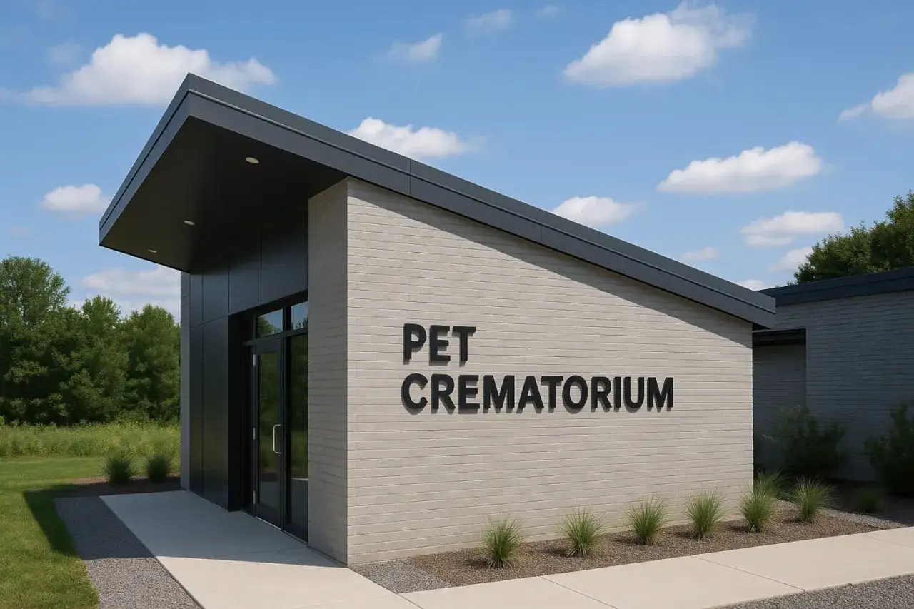 Nowoczesny budynek krematorium dla zwierząt z napisem "PET CREMATORIUM".