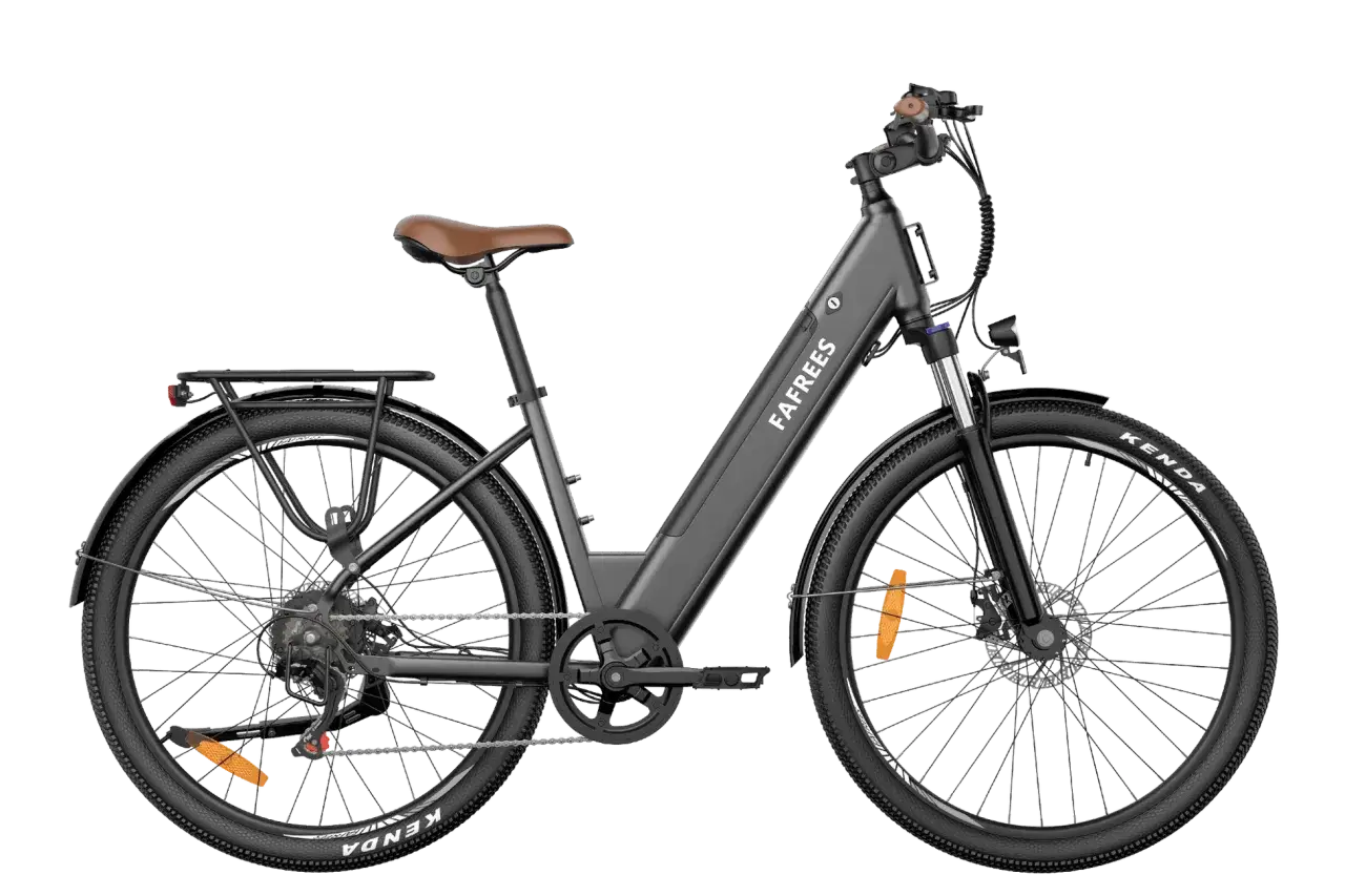 Szary rower elektryczny FAFREE z bagażnikiem i brązowym siodełkiem. Silnik bezszczotkowy wady i zalety tego modelu to cicha praca i wysoka wydajność.