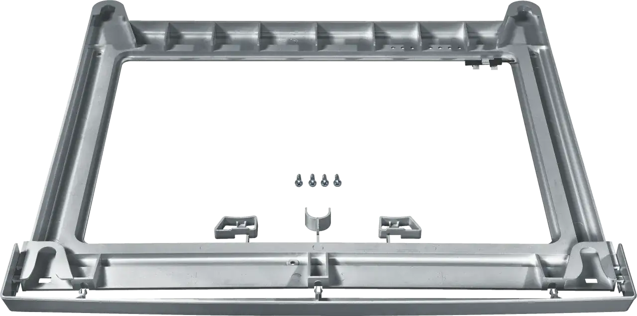 Szara rama łącznika pralki i suszarki Bosch z elementami montażowymi.