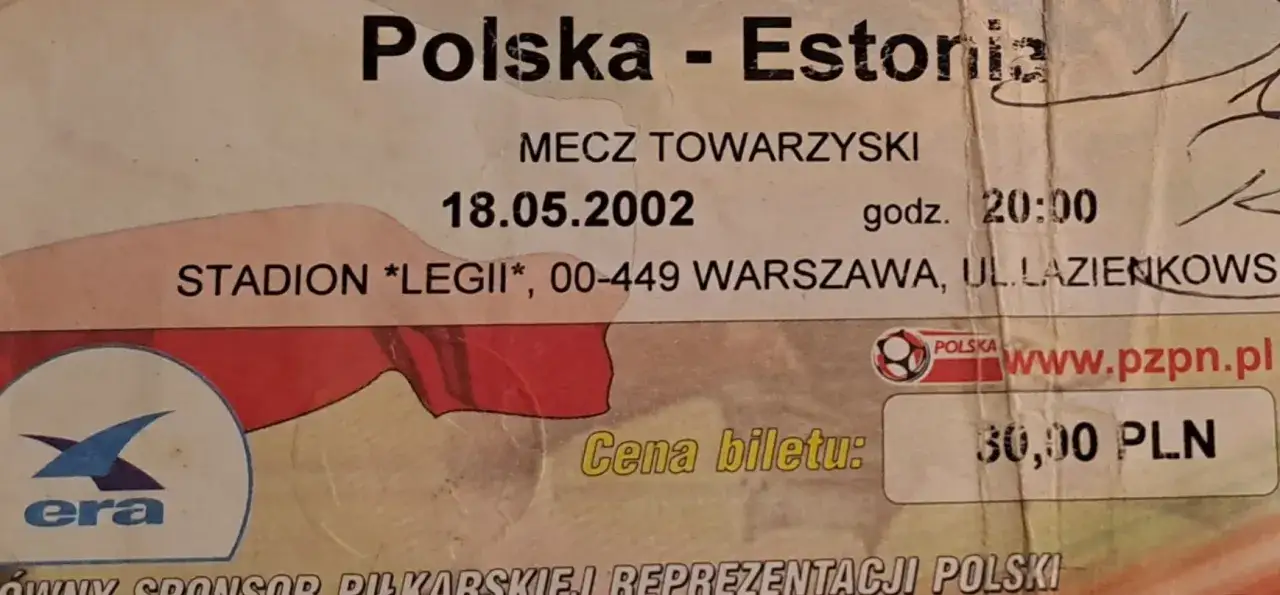 Bilet na mecz Polska-Estonia z 18.05.2002, stadion Legii, Warszawa.