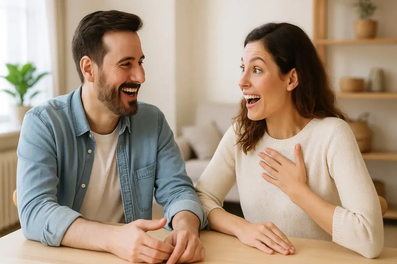 Para śmieje się serdecznie, słuchając mądrych komplementów.