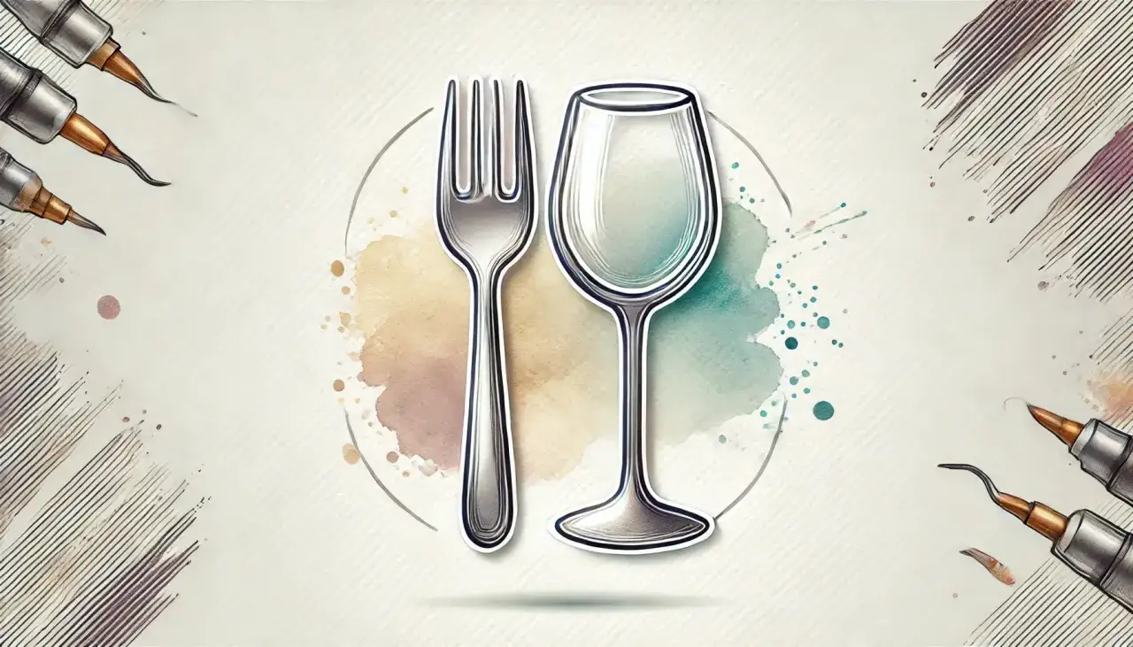 Stylizowane kieliszek i widelec oznaczenie na tle akwarelowych plam i szkiców.