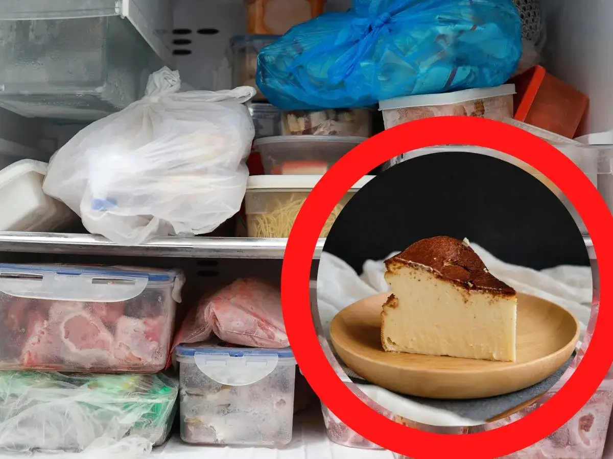 Kawałek sernika na talerzyku, otoczony zamrożonymi produktami w zamrażarce. Czy sernik można mrozic? Tak, można go zamrozić.