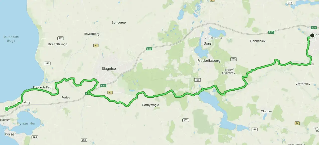 Trasa rowerowa przez Zelandię w Danii, od wybrzeża koło Korsør przez Slagelse, Sorø, aż do okolic Ringsted.