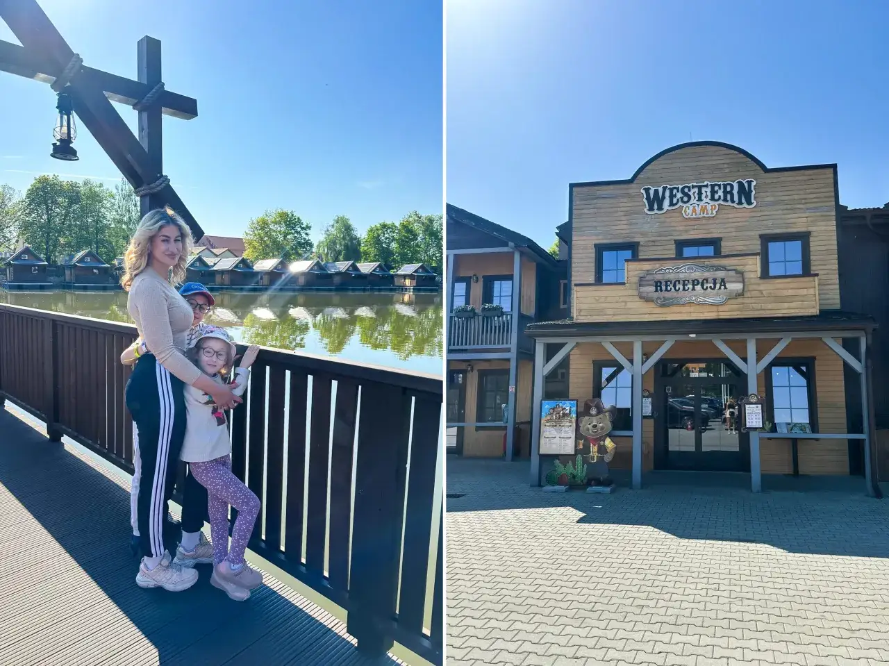 Rodzina na tle Western Camp z domkami nad wodą i recepcją.