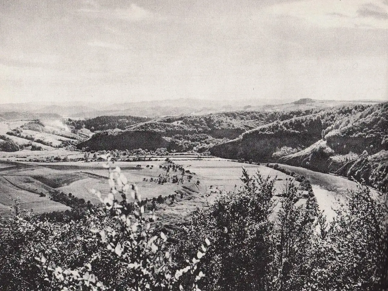 Krajobraz z doliną rzeki, polami i zalesionymi wzgórzami.