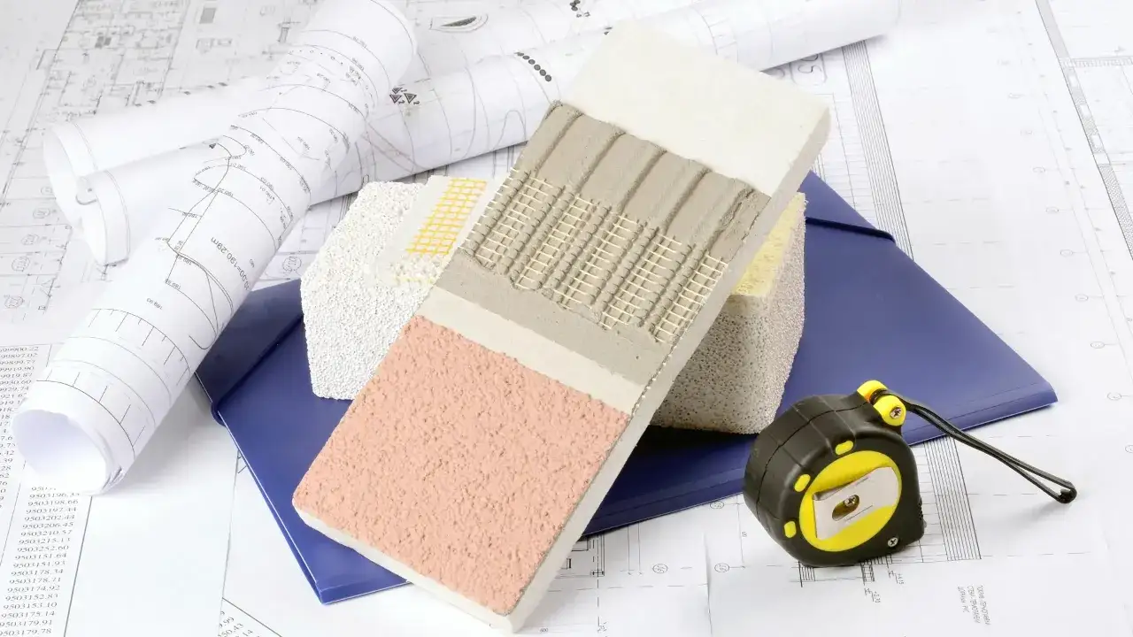 Próbki materiałów budowlanych, plany i miarka na tle dokumentacji technicznej.