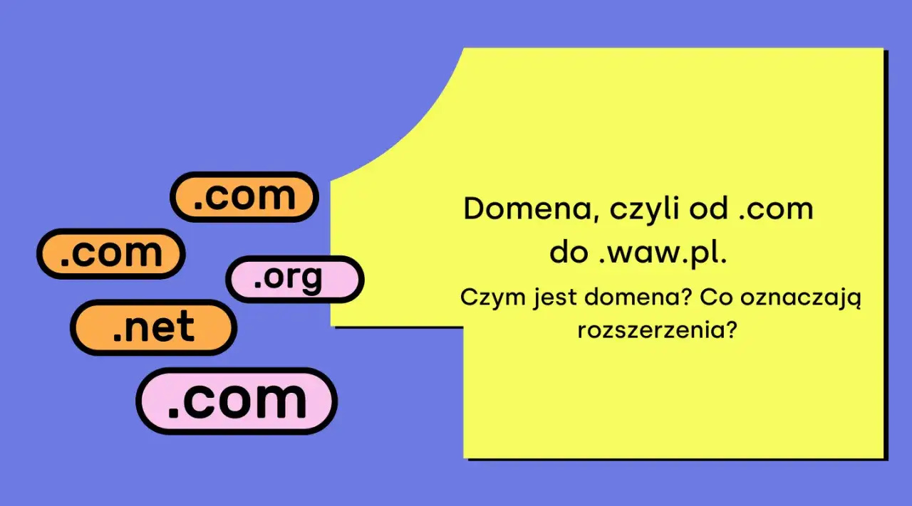 Etykiety z rozszerzeniami domen (.com, .org, .net) na niebieskim tle, obok żółtego prostokąta z tekstem.