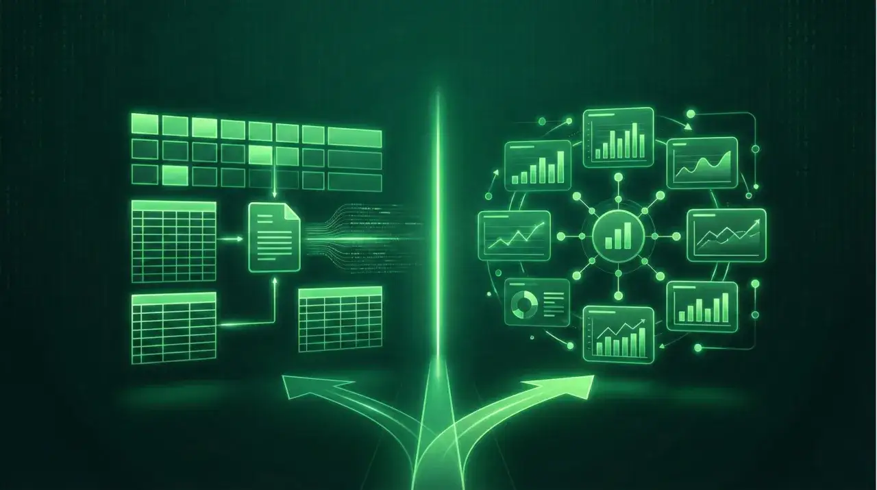 Schematyczne przedstawienie przepływu danych z arkuszy kalkulacyjnych do analizy, ilustrujące działanie funkcji jeżeli w Excelu.