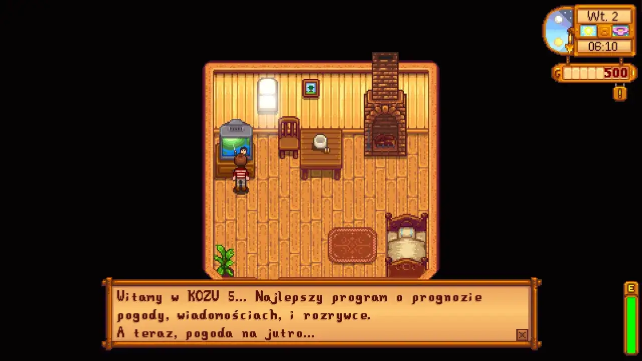 Postać w Stardew Valley słucha prognozy pogody w spolszczeniu.