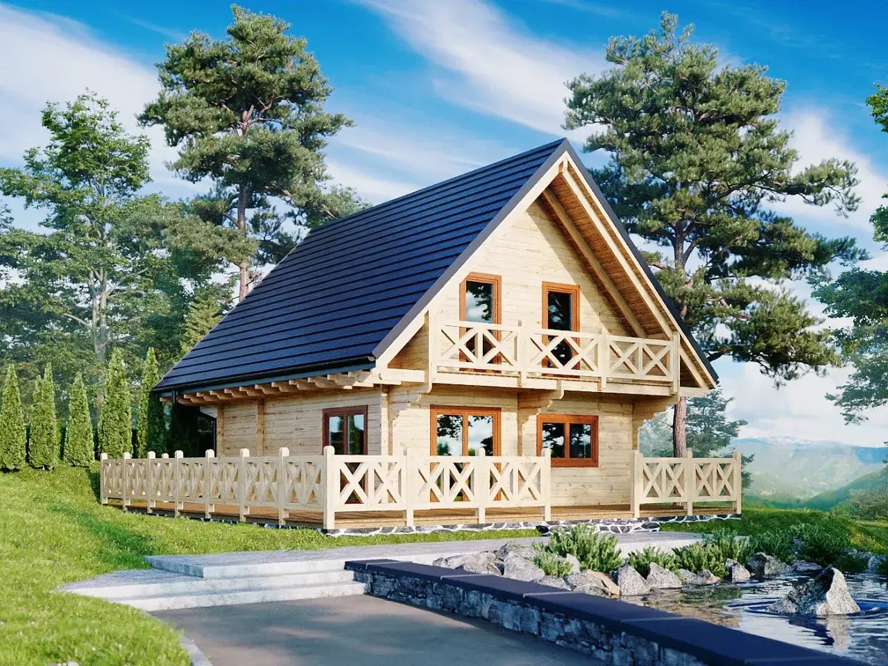 Drewniany dom z bali z balkonem i tarasem otoczony zielenią.