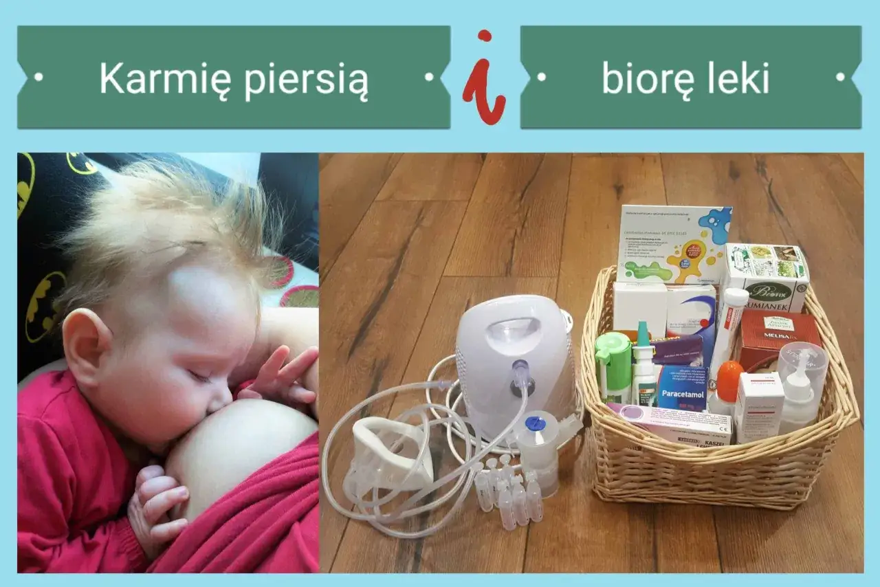 Dziecko karmione piersią obok koszyka z lekami i inhalatorem.
