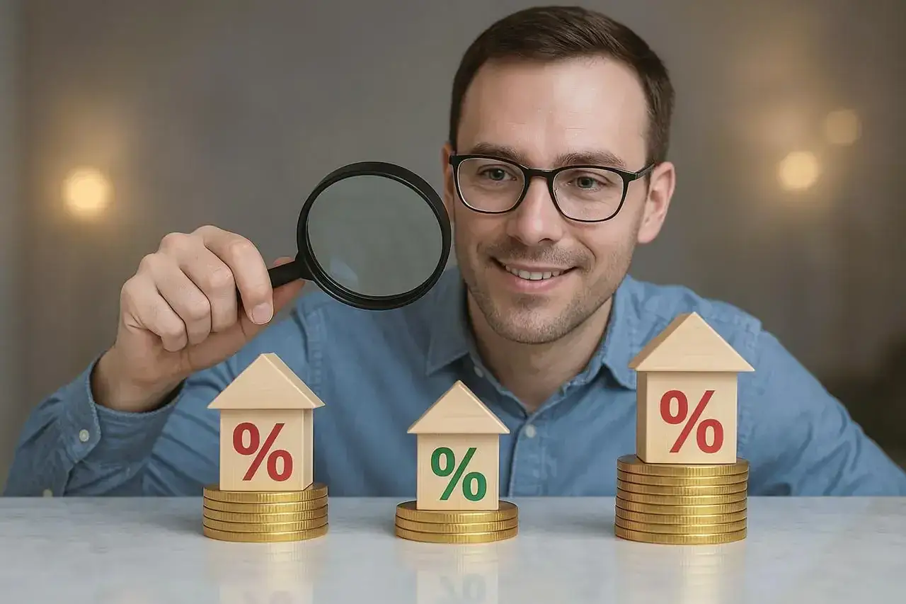 Mężczyzna z lupą analizuje domki z procentami na monetach. Szuka sposobu, jak zmienić kredyt na stałe oprocentowanie.