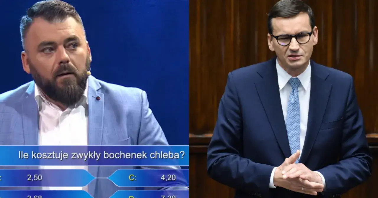 Uczestnik teleturnieju pyta, po ile chleb milionerzy. Obok polityk w garniturze.
