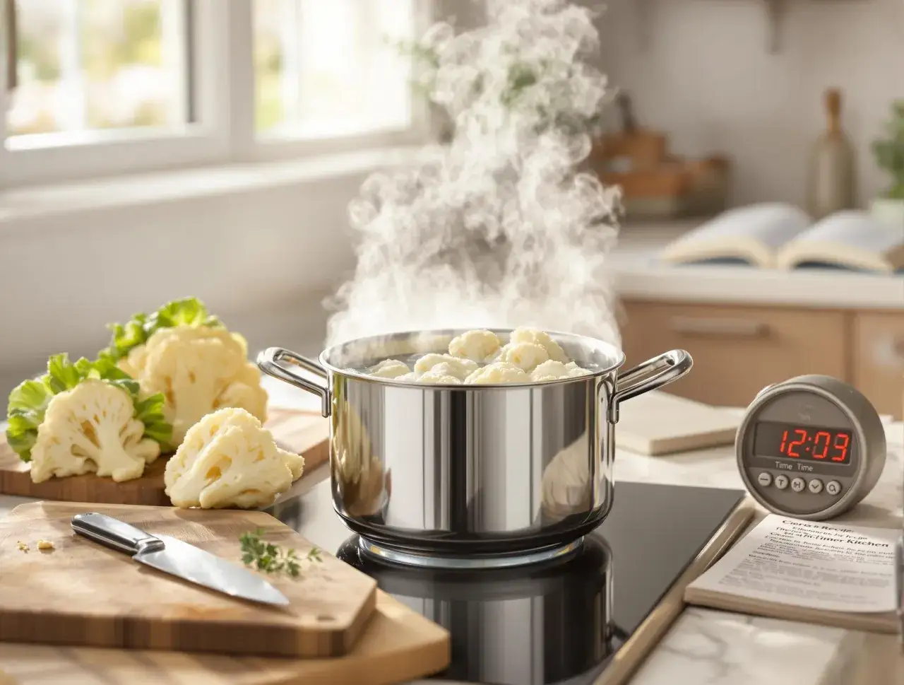 Gotowanie mrożonego kalafiora: garnek paruje, obok leżą różyczki i nóż. Zegar pokazuje 12:09.