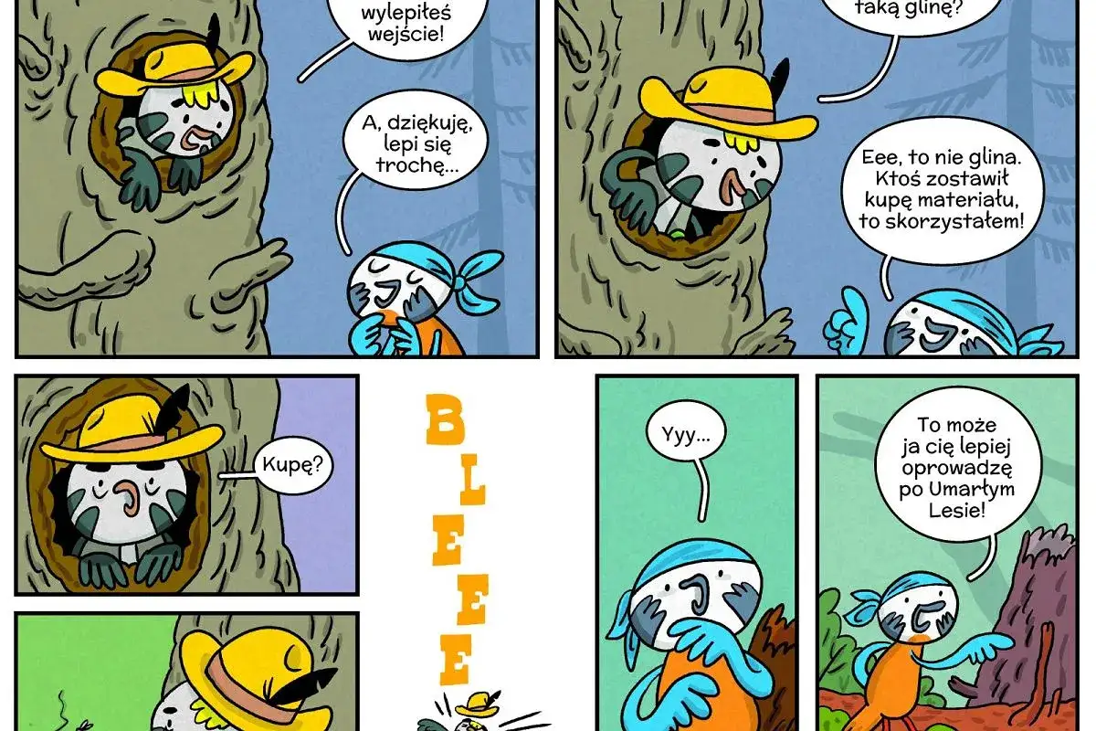 Krótki komiks dla dzieci. Ptak w kapeluszu wchodzi do dziupli, a inny ptak oferuje mu pomoc.