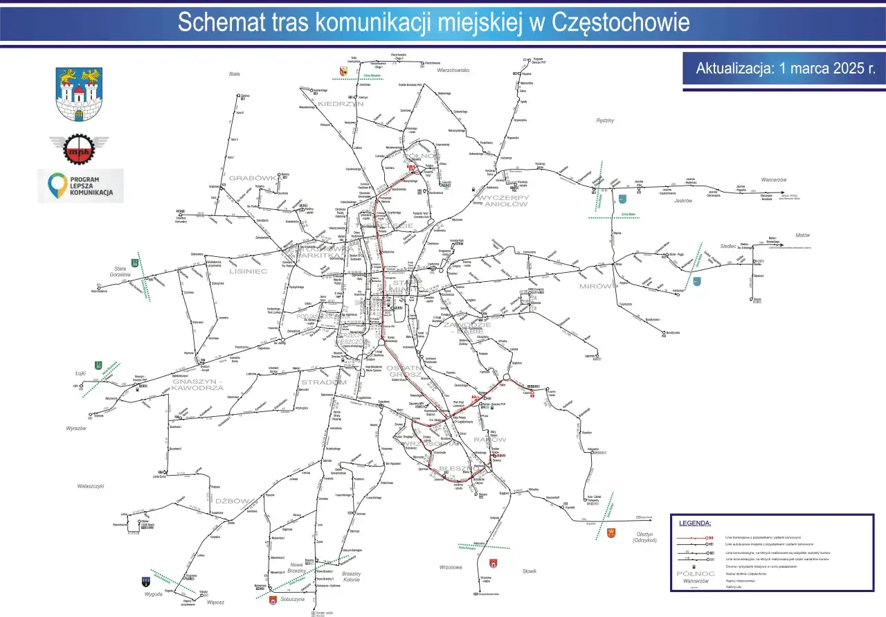 Schemat tras komunikacji miejskiej w Częstochowie, aktualizacja 1 marca 2025 r. GTV Częstochowa Blachownia rozkład jazdy.