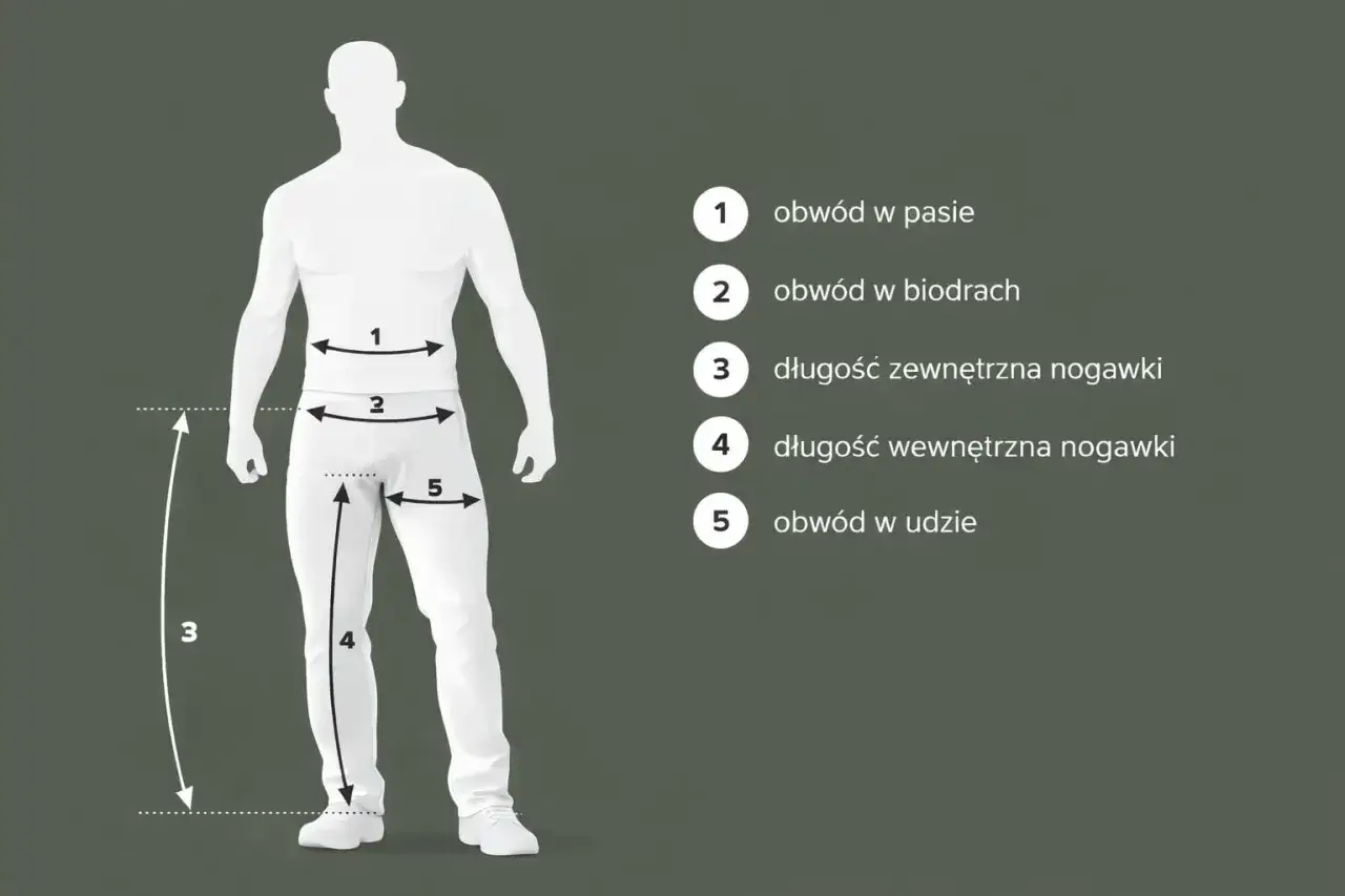 Ilustracja pokazuje, jak zmierzyć wymiary spodni: obwód w pasie, biodrach, udzie oraz długość zewnętrzną i wewnętrzną nogawki.
